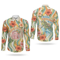 Hawaii Aloha Academy Back To School Couples Matching Off Shoulder Maxi Dress and Long Sleeve Button Shirt Sea Turtle Tropical Hibiscus Flowers Retro Psychedelic TS04 - Polynesian Pride