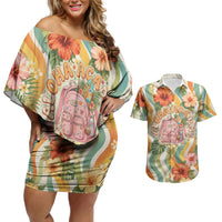 Hawaii Aloha Academy Back To School Couples Matching Off Shoulder Short Dress and Hawaiian Shirt Sea Turtle Tropical Hibiscus Flowers Retro Psychedelic TS04 Orange Green - Polynesian Pride
