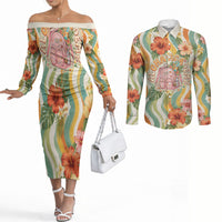 Hawaii Aloha Academy Back To School Couples Matching Off The Shoulder Long Sleeve Dress and Long Sleeve Button Shirt Sea Turtle Tropical Hibiscus Flowers Retro Psychedelic TS04 Orange Green - Polynesian Pride
