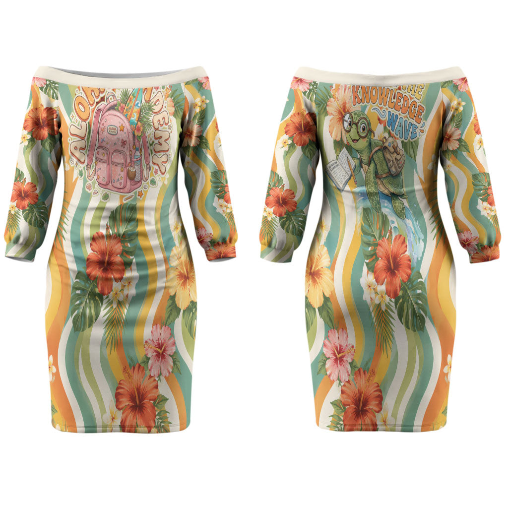 Hawaii Aloha Academy Back To School Couples Matching Off The Shoulder Long Sleeve Dress and Long Sleeve Button Shirt Sea Turtle Tropical Hibiscus Flowers Retro Psychedelic TS04 - Polynesian Pride