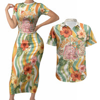Hawaii Aloha Academy Back To School Couples Matching Short Sleeve Bodycon Dress and Hawaiian Shirt Sea Turtle Tropical Hibiscus Flowers Retro Psychedelic TS04 Orange Green - Polynesian Pride