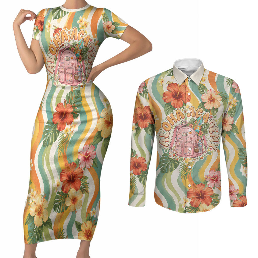 Hawaii Aloha Academy Back To School Couples Matching Short Sleeve Bodycon Dress and Long Sleeve Button Shirt Sea Turtle Tropical Hibiscus Flowers Retro Psychedelic TS04 Orange Green - Polynesian Pride