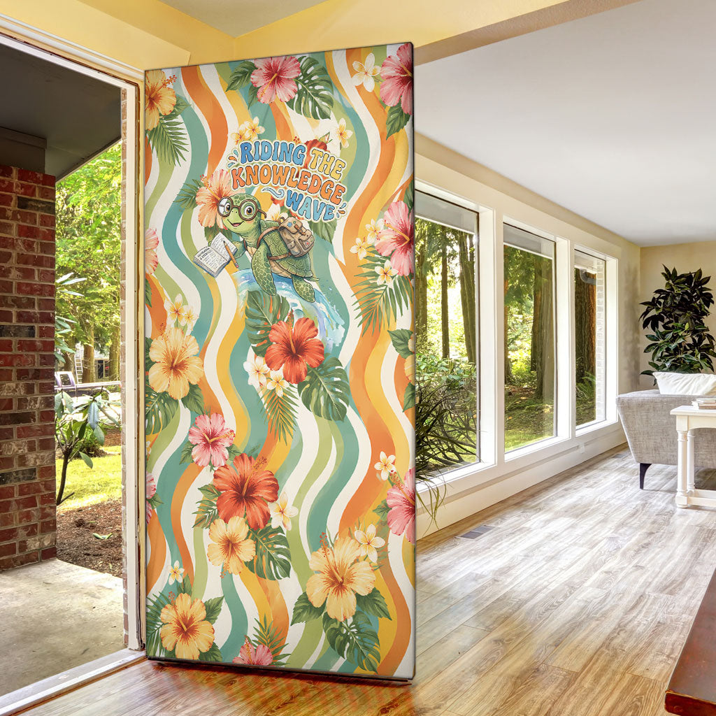 Hawaii Aloha Academy Back To School Door Cover Sea Turtle Tropical Hibiscus Flowers Retro Psychedelic