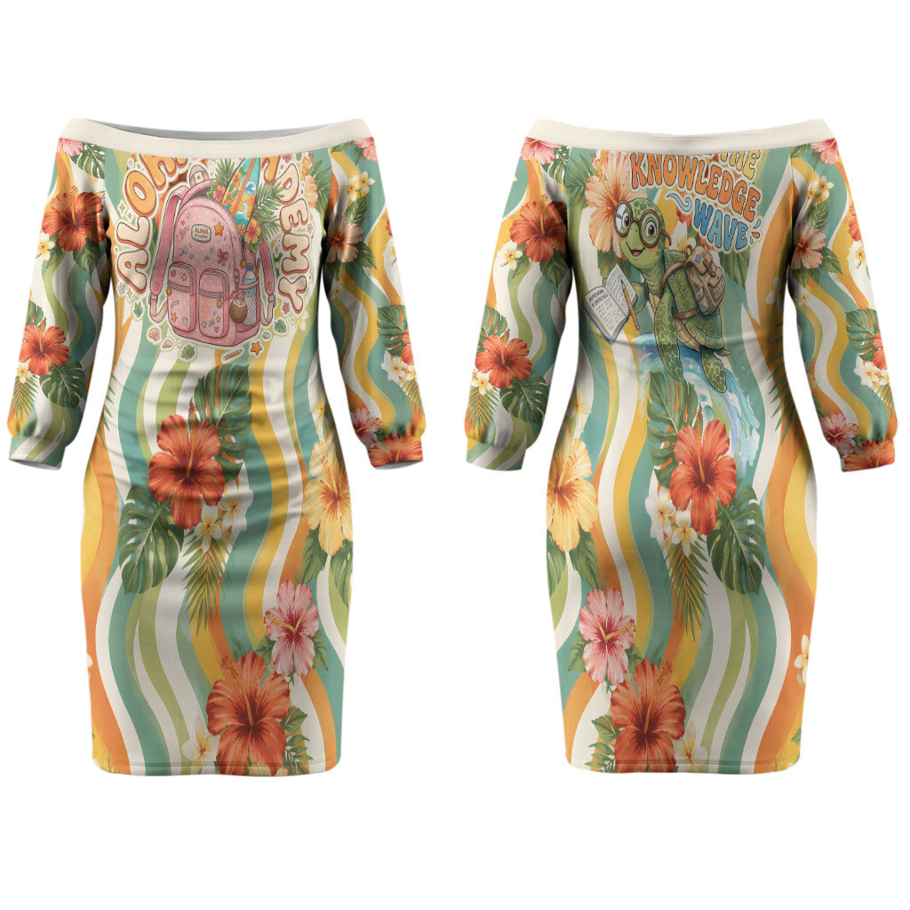 Hawaii Aloha Academy Back To School Family Matching Off The Shoulder Long Sleeve Dress and Hawaiian Shirt Sea Turtle Tropical Hibiscus Flowers Retro Psychedelic TS04 Mom's Dress Orange Green - Polynesian Pride