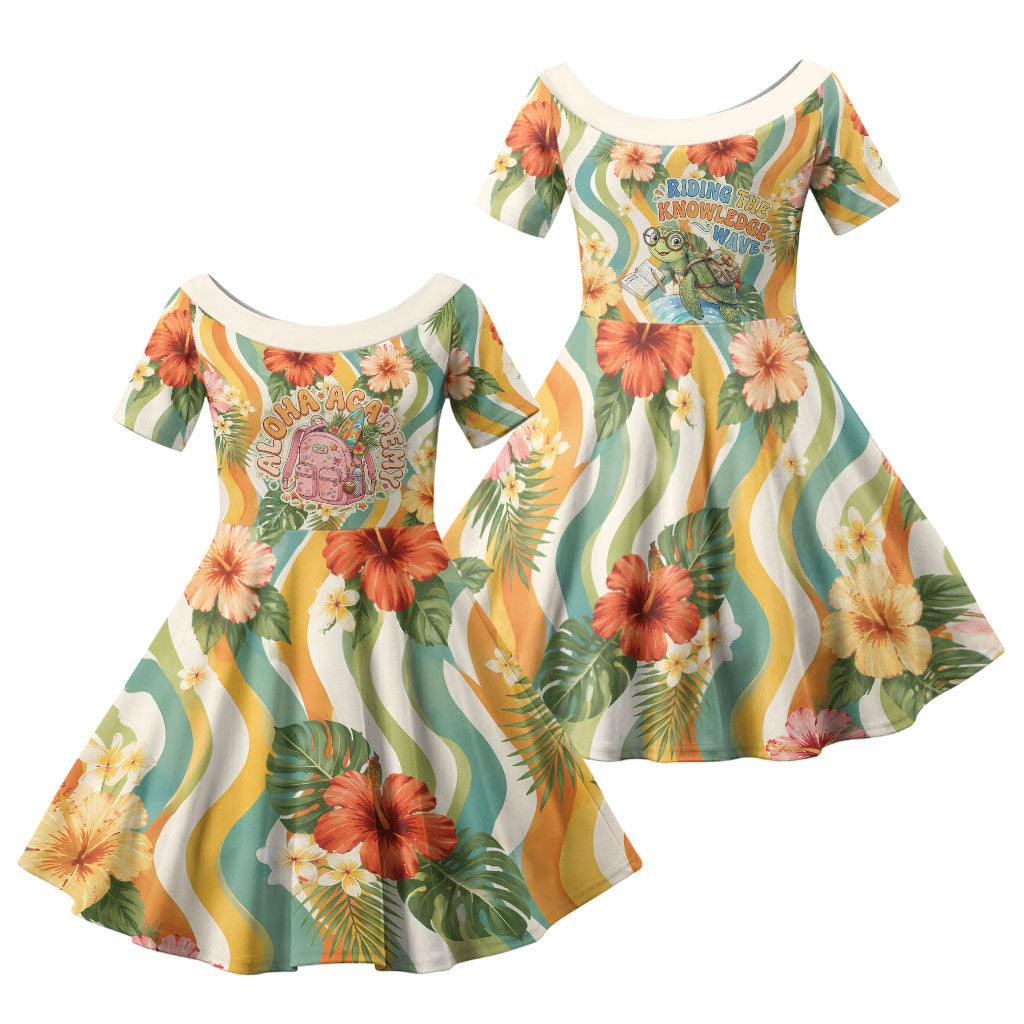 Hawaii Aloha Academy Back To School Family Matching Off The Shoulder Long Sleeve Dress and Hawaiian Shirt Sea Turtle Tropical Hibiscus Flowers Retro Psychedelic TS04 Daughter's Dress Orange Green - Polynesian Pride