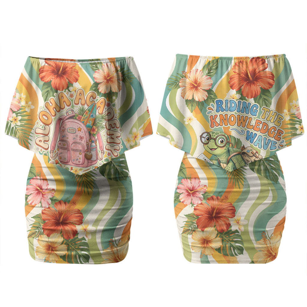 Hawaii Aloha Academy Back To School Family Matching Off Shoulder Short Dress and Hawaiian Shirt Sea Turtle Tropical Hibiscus Flowers Retro Psychedelic TS04 Mom's Dress Orange Green - Polynesian Pride