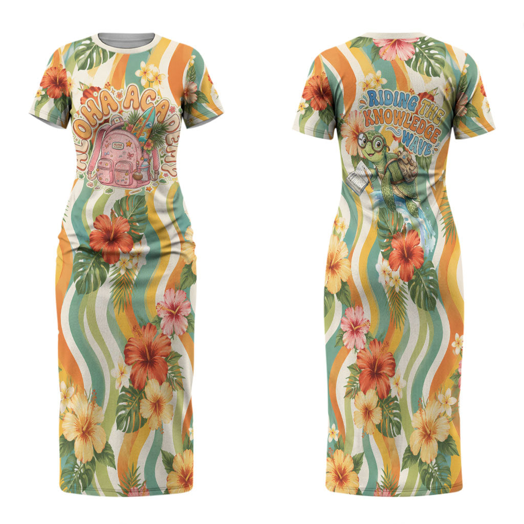 Hawaii Aloha Academy Back To School Family Matching Short Sleeve Bodycon Dress and Hawaiian Shirt Sea Turtle Tropical Hibiscus Flowers Retro Psychedelic TS04 Mom's Dress Orange Green - Polynesian Pride