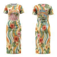 Hawaii Aloha Academy Back To School Family Matching Short Sleeve Bodycon Dress and Hawaiian Shirt Sea Turtle Tropical Hibiscus Flowers Retro Psychedelic TS04 Mom's Dress Orange Green - Polynesian Pride
