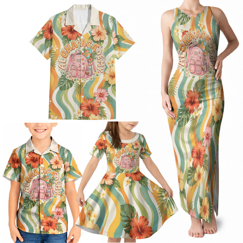 Hawaii Aloha Academy Back To School Family Matching Tank Maxi Dress and Hawaiian Shirt Sea Turtle Tropical Hibiscus Flowers Retro Psychedelic