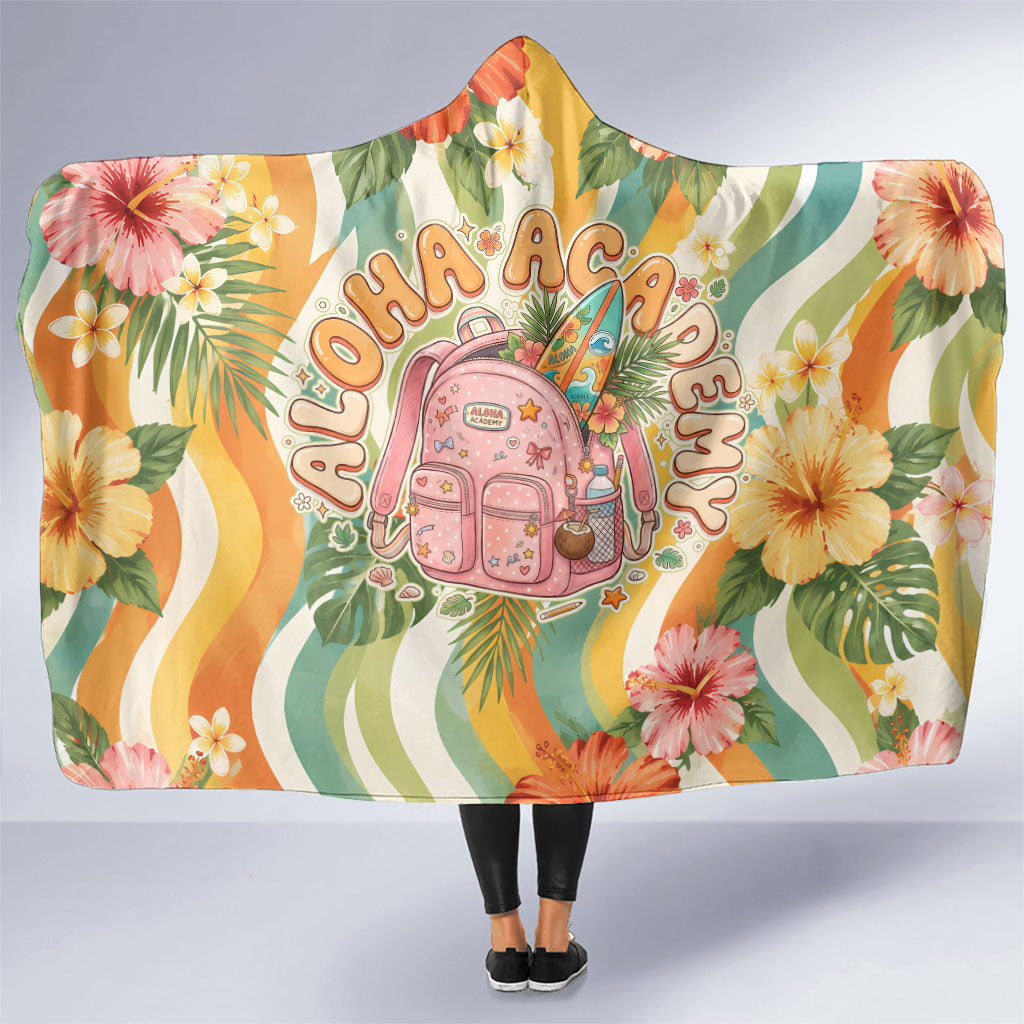 Hawaii Aloha Academy Back To School Hooded Blanket Sea Turtle Tropical Hibiscus Flowers Retro Psychedelic