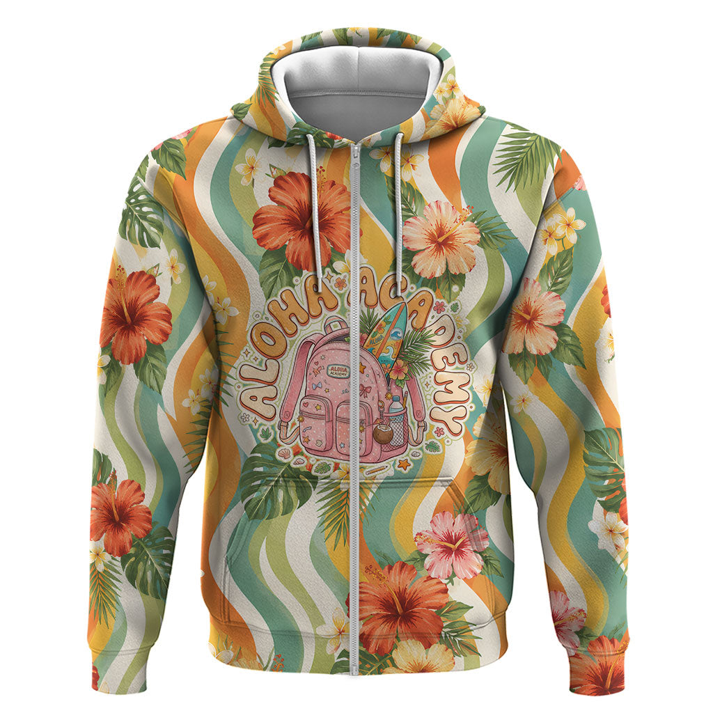 Hawaii Aloha Academy Back To School Hoodie Sea Turtle Tropical Hibiscus Flowers Retro Psychedelic TS04 Zip Hoodie Orange Green - Polynesian Pride