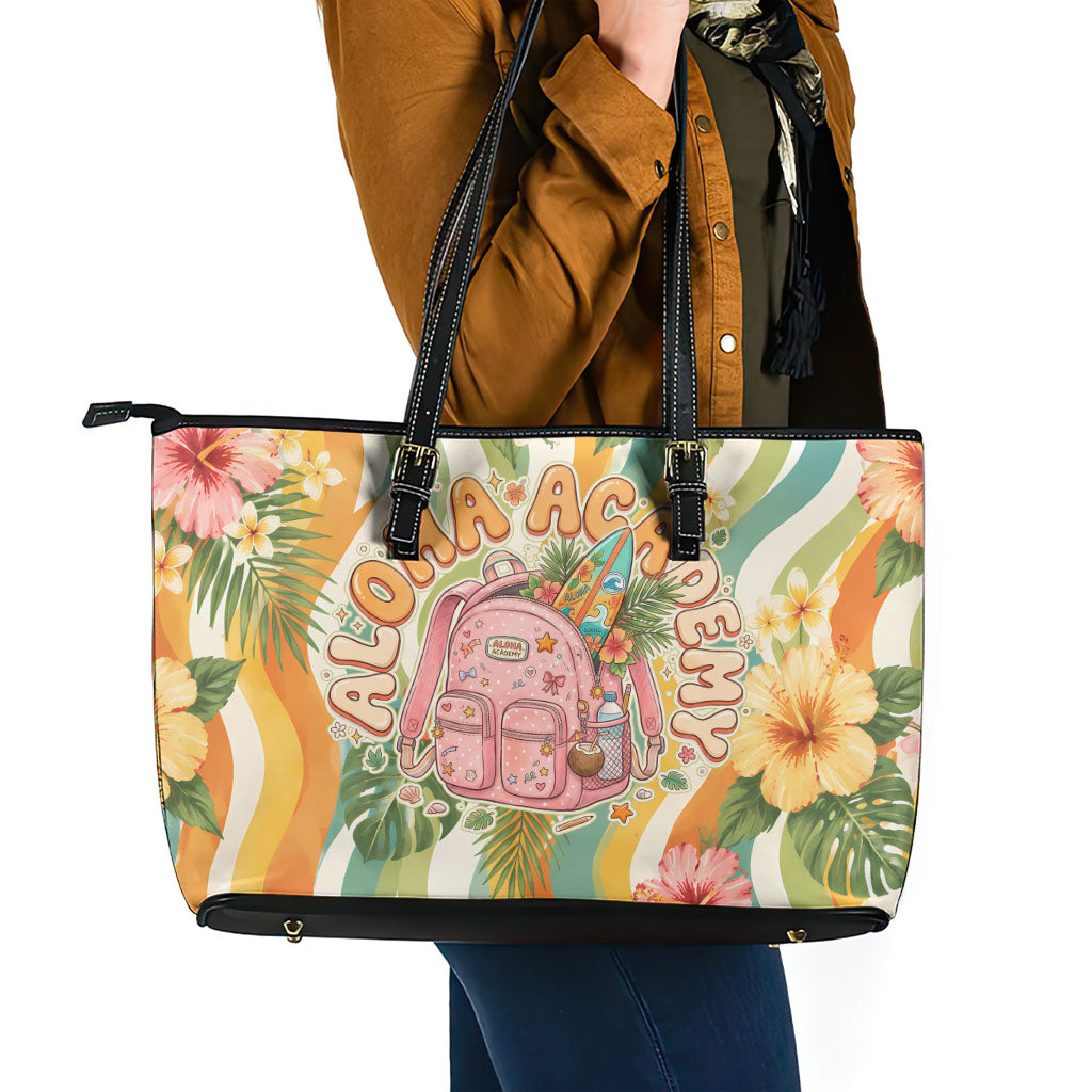 Hawaii Aloha Academy Back To School Leather Tote Bag Sea Turtle Tropical Hibiscus Flowers Retro Psychedelic TS04 - Polynesian Pride