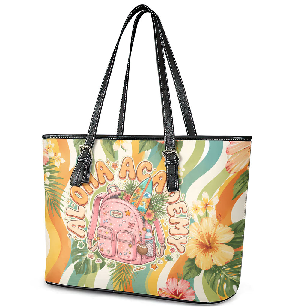 Hawaii Aloha Academy Back To School Leather Tote Bag Sea Turtle Tropical Hibiscus Flowers Retro Psychedelic TS04 - Polynesian Pride