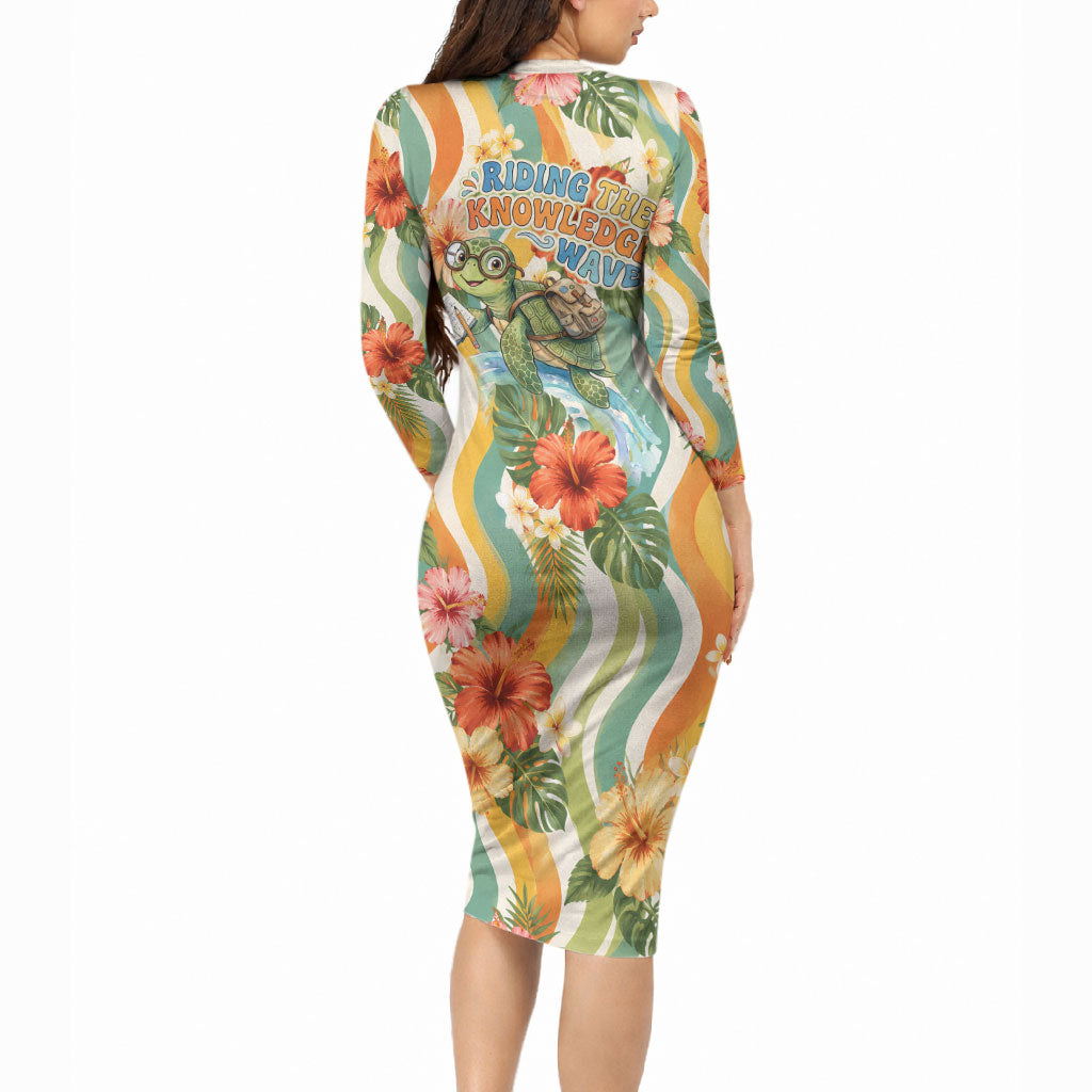 Hawaii Aloha Academy Back To School Long Sleeve Bodycon Dress Sea Turtle Tropical Hibiscus Flowers Retro Psychedelic TS04 - Polynesian Pride
