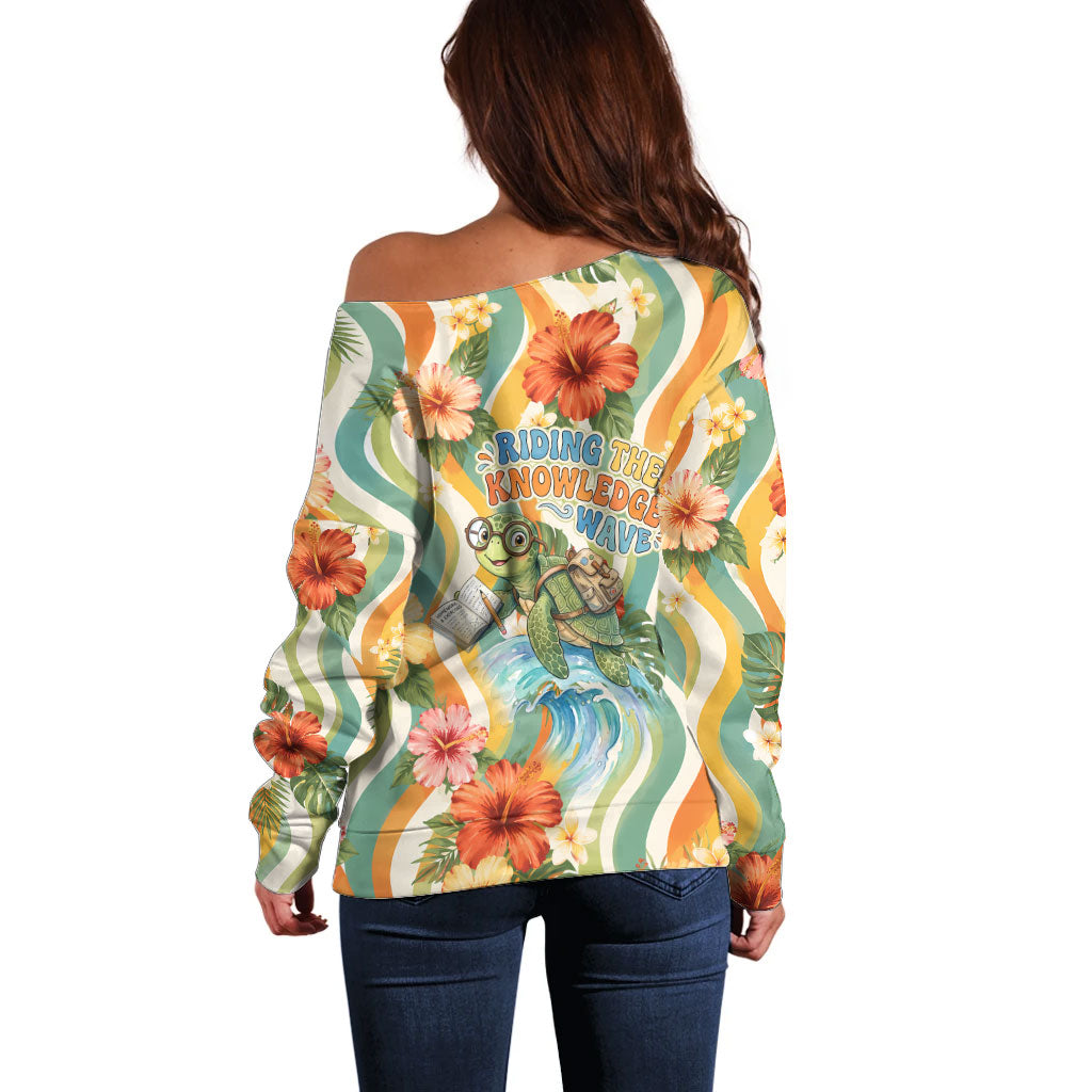 Hawaii Aloha Academy Back To School Off Shoulder Sweater Sea Turtle Tropical Hibiscus Flowers Retro Psychedelic TS04 - Polynesian Pride
