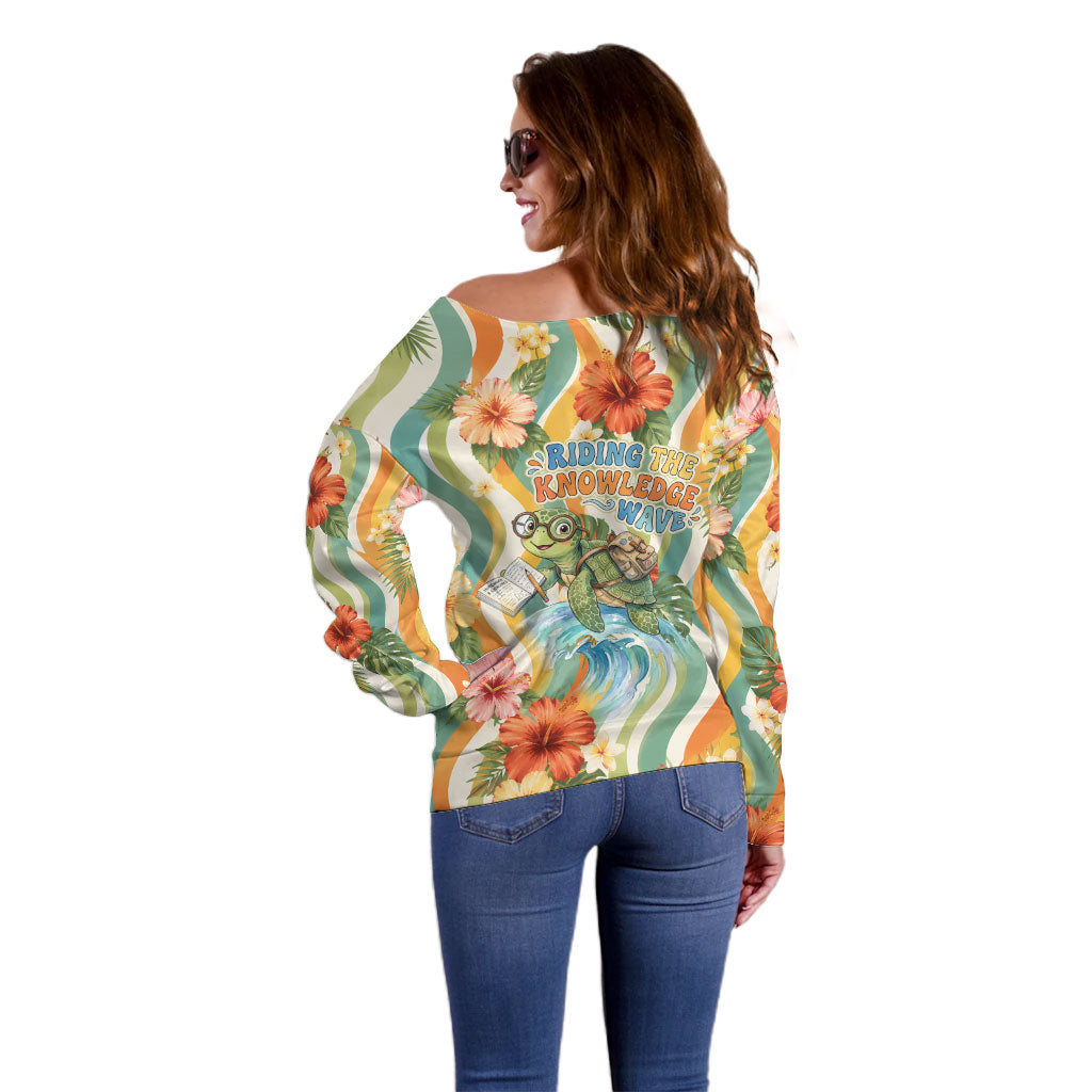Hawaii Aloha Academy Back To School Off Shoulder Sweater Sea Turtle Tropical Hibiscus Flowers Retro Psychedelic TS04 - Polynesian Pride