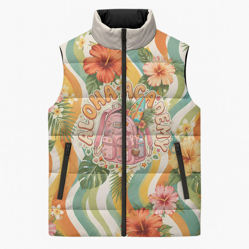 Hawaii Aloha Academy Back To School Sleeveless Puffer Jacket Sea Turtle Tropical Hibiscus Flowers Retro Psychedelic