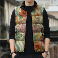 Hawaii Aloha Academy Back To School Sleeveless Puffer Jacket Sea Turtle Tropical Hibiscus Flowers Retro Psychedelic