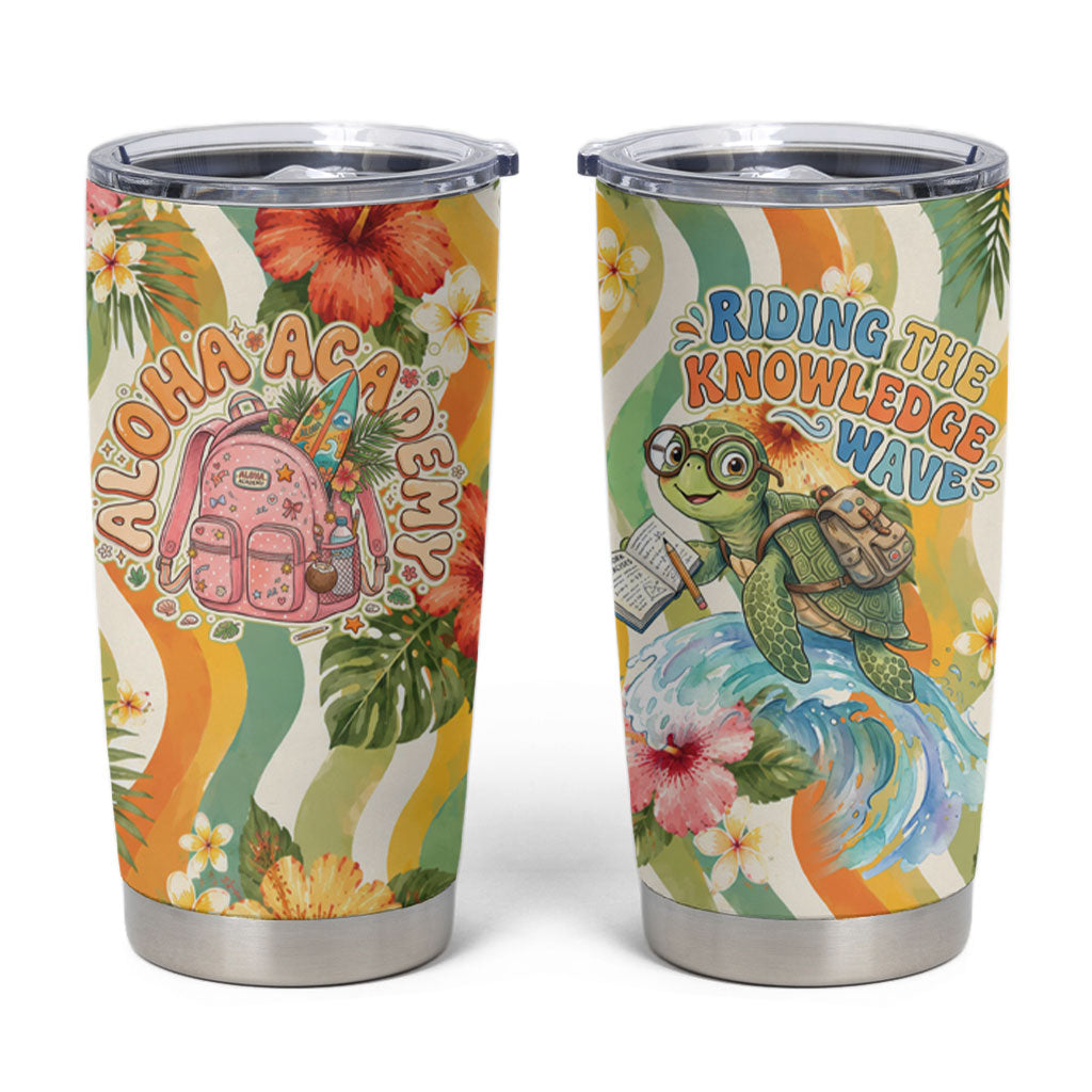 Hawaii Aloha Academy Back To School Tumbler Cup Sea Turtle Tropical Hibiscus Flowers Retro Psychedelic