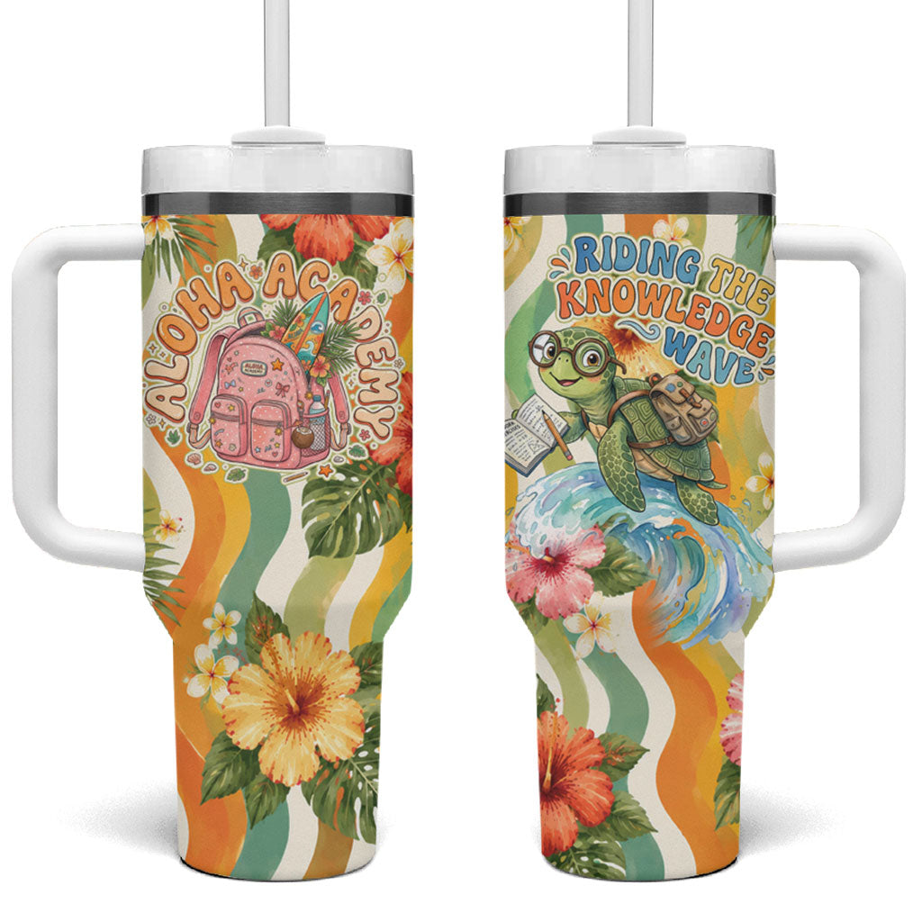 Hawaii Aloha Academy Back To School Tumbler With Handle Sea Turtle Tropical Hibiscus Flowers Retro Psychedelic