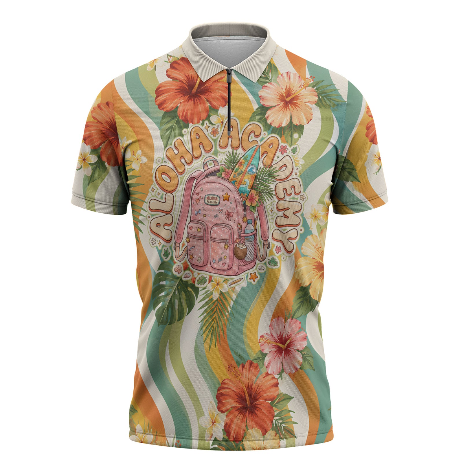 Hawaii Aloha Academy Back To School Zipper Polo Shirt Sea Turtle Tropical Hibiscus Flowers Retro Psychedelic