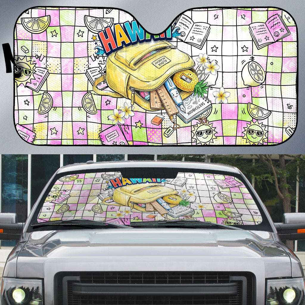 Hawaii Cruising Back To School Auto Sun Shade Grid Pattern With School Bag And Vintage Surf Van