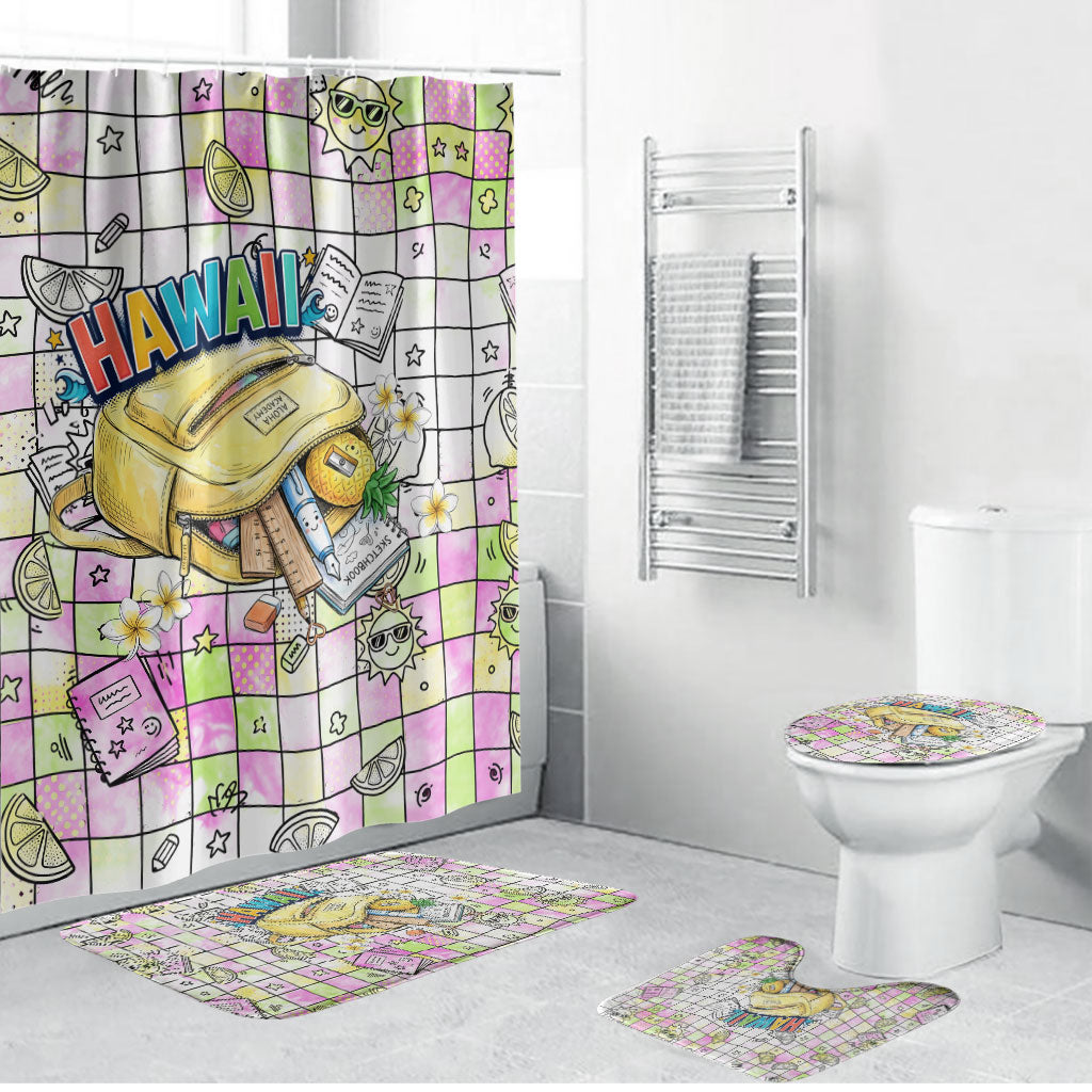 Hawaii Cruising Back To School Bathroom Set Grid Pattern With School Bag And Vintage Surf Van TS04 Bathroom Set (4 pcs) White Yellow - Polynesian Pride