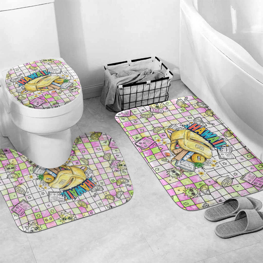 Hawaii Cruising Back To School Bathroom Set Grid Pattern With School Bag And Vintage Surf Van TS04 Mat Set Only (3 pcs) One Size White Yellow - Polynesian Pride