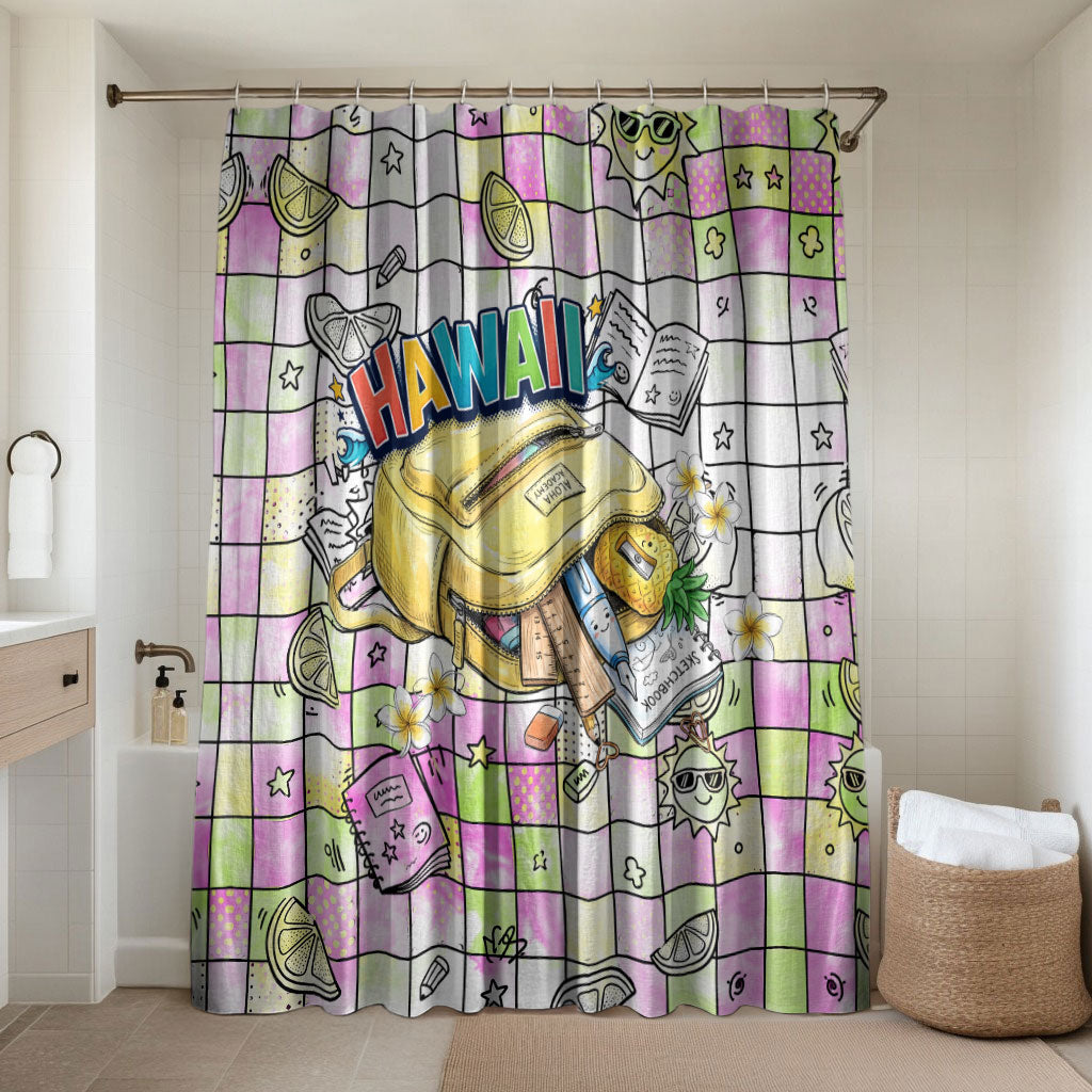 Hawaii Cruising Back To School Bathroom Set Grid Pattern With School Bag And Vintage Surf Van TS04 Shower Curtain Only White Yellow - Polynesian Pride