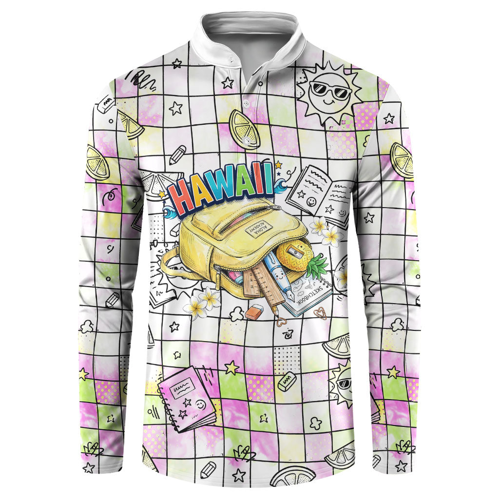 Hawaii Cruising Back To School Button Sweatshirt Grid Pattern With School Bag And Vintage Surf Van