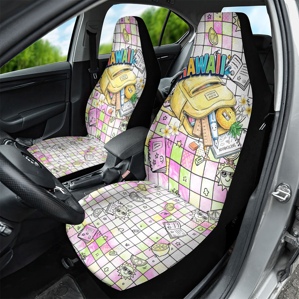 Hawaii Cruising Back To School Car Seat Cover Grid Pattern With School Bag And Vintage Surf Van