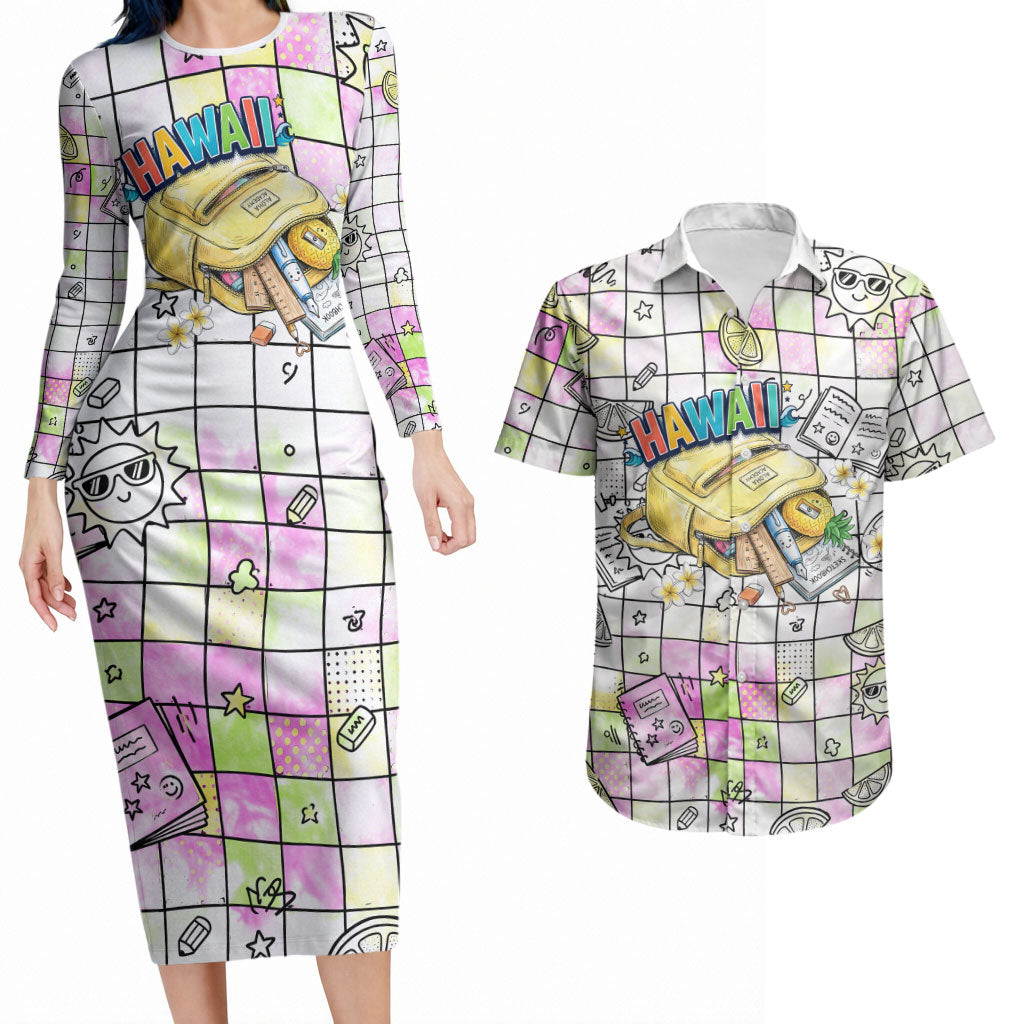 Hawaii Cruising Back To School Couples Matching Long Sleeve Bodycon Dress and Hawaiian Shirt Grid Pattern With School Bag And Vintage Surf Van TS04 White Yellow - Polynesian Pride