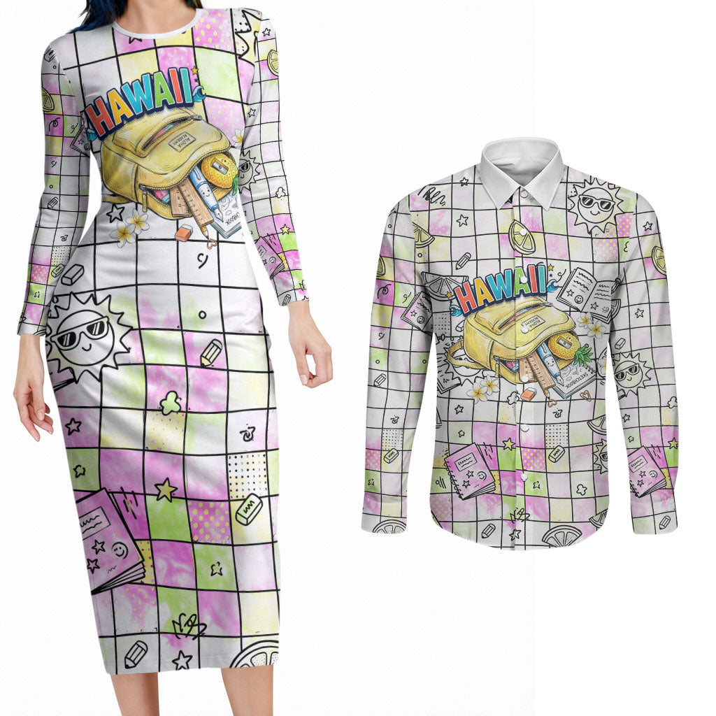 Hawaii Cruising Back To School Couples Matching Long Sleeve Bodycon Dress and Long Sleeve Button Shirt Grid Pattern With School Bag And Vintage Surf Van TS04 White Yellow - Polynesian Pride