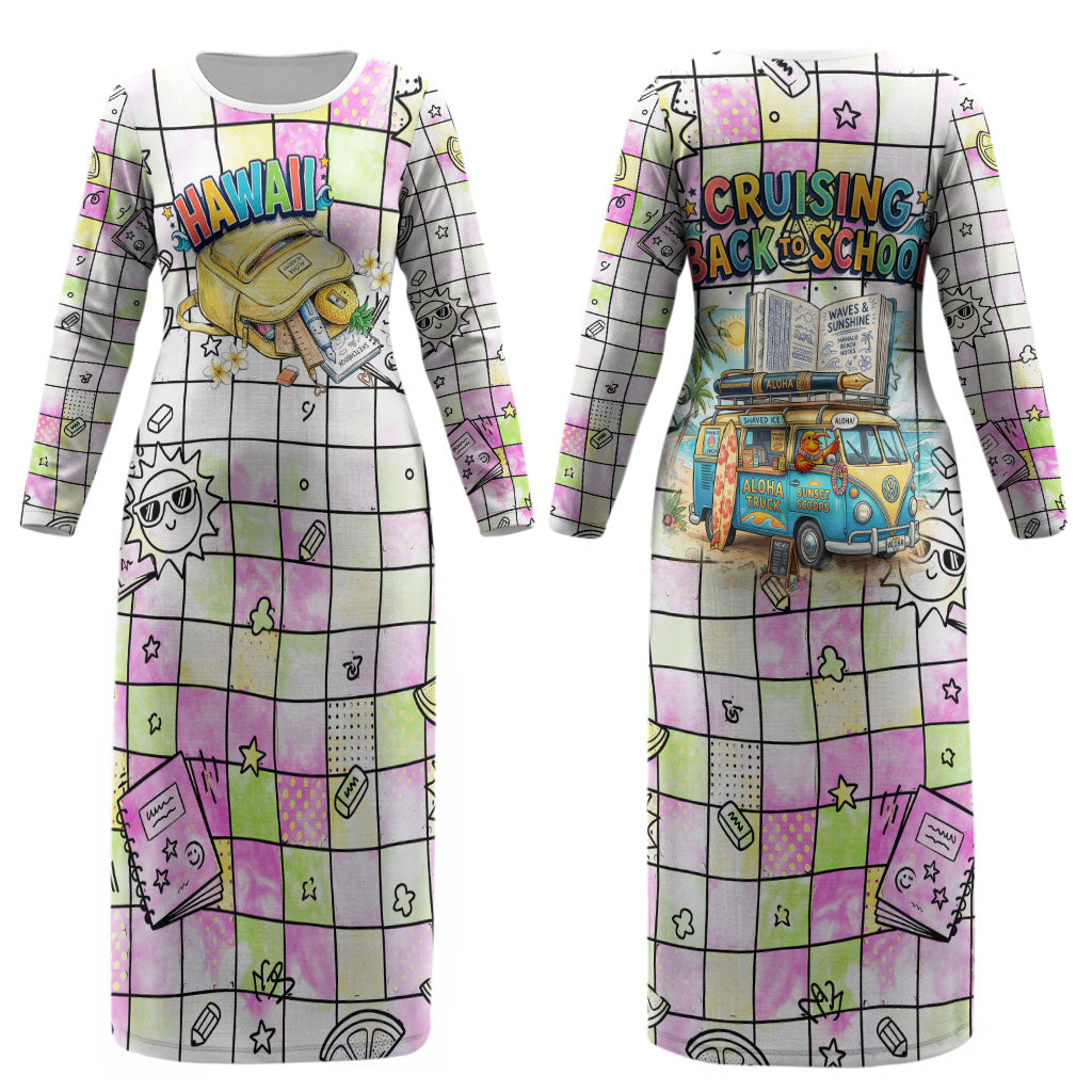 Hawaii Cruising Back To School Couples Matching Long Sleeve Bodycon Dress and Long Sleeve Button Shirt Grid Pattern With School Bag And Vintage Surf Van TS04 - Polynesian Pride