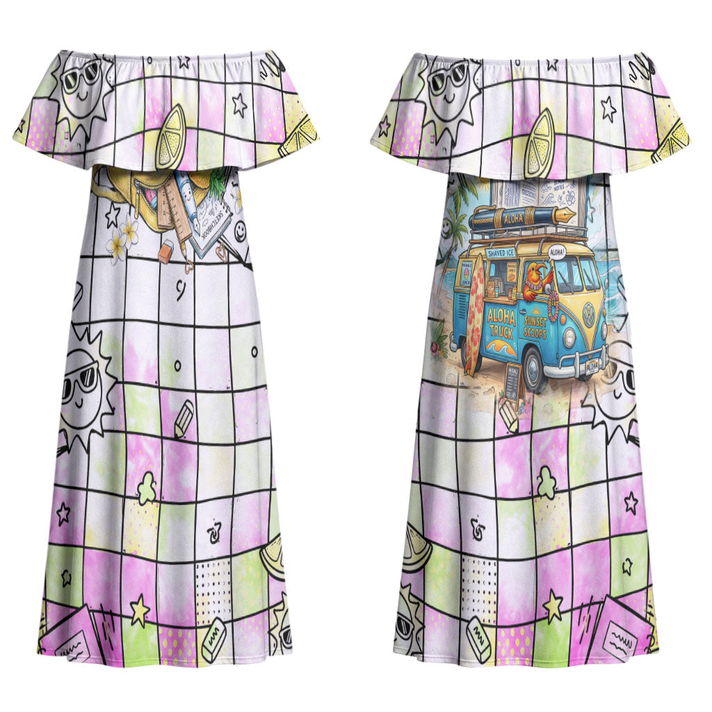 Hawaii Cruising Back To School Couples Matching Off Shoulder Maxi Dress and Long Sleeve Button Shirt Grid Pattern With School Bag And Vintage Surf Van TS04 - Polynesian Pride