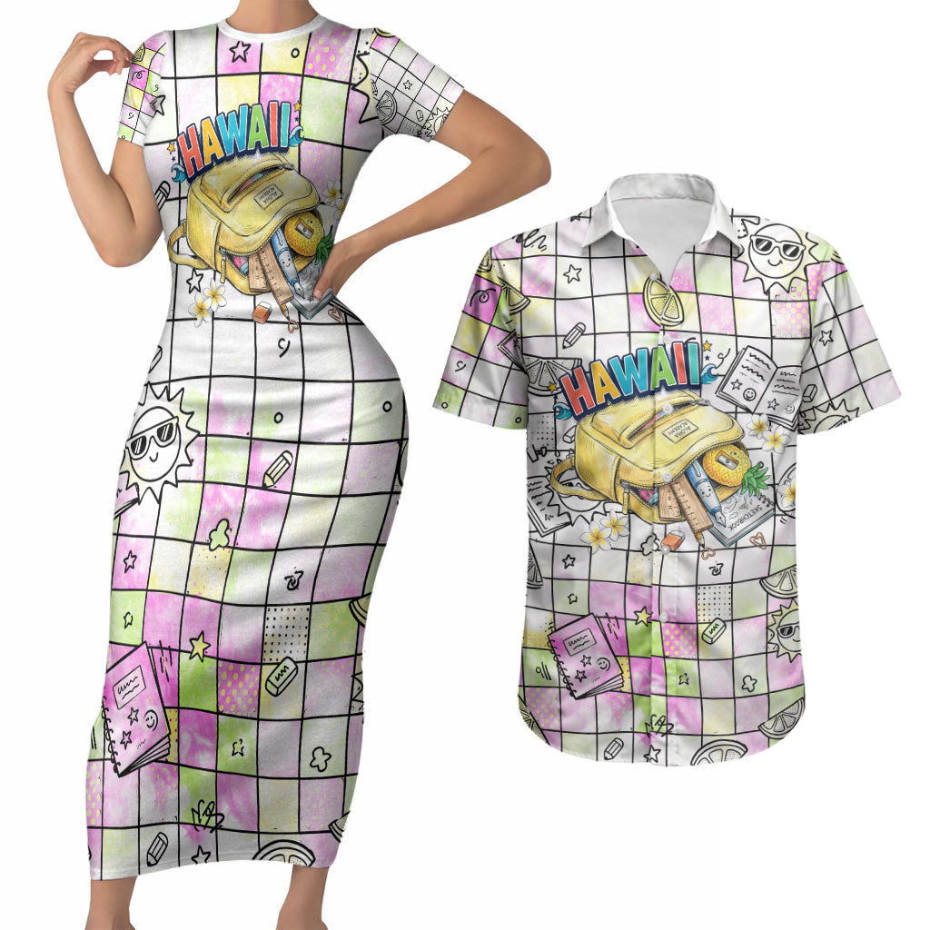 Hawaii Cruising Back To School Couples Matching Short Sleeve Bodycon Dress and Hawaiian Shirt Grid Pattern With School Bag And Vintage Surf Van TS04 White Yellow - Polynesian Pride