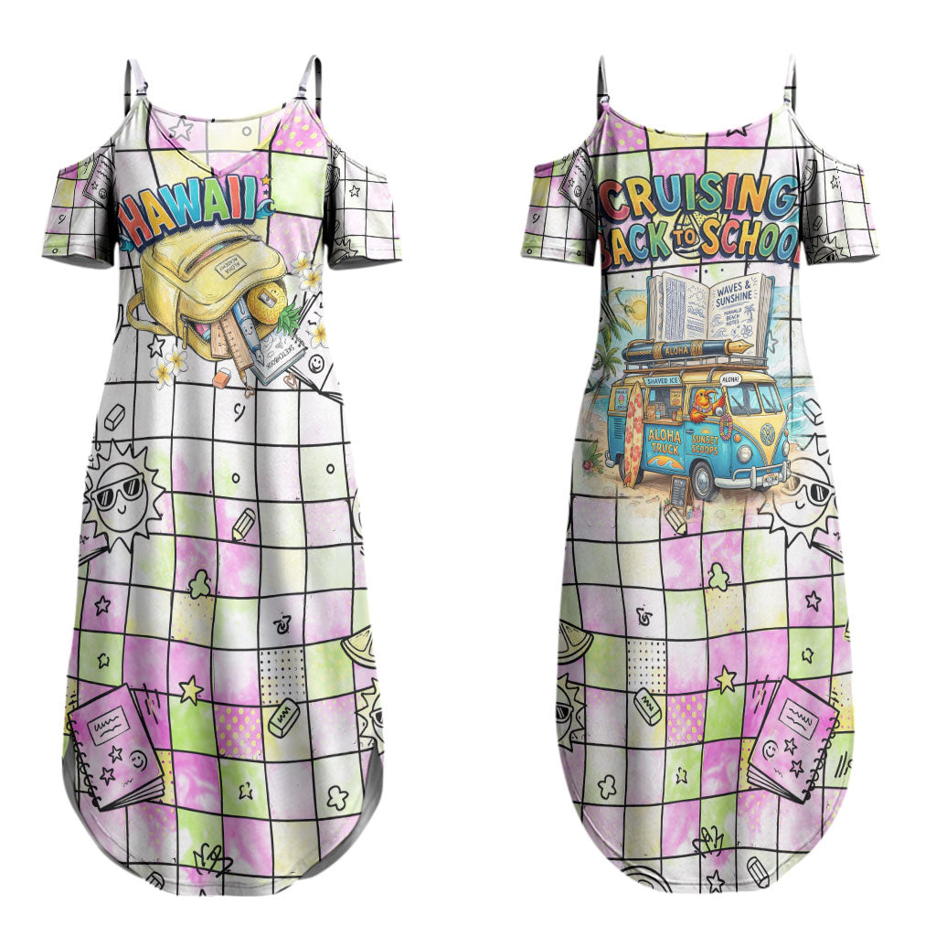 Hawaii Cruising Back To School Couples Matching Summer Maxi Dress and Hawaiian Shirt Grid Pattern With School Bag And Vintage Surf Van TS04 - Polynesian Pride