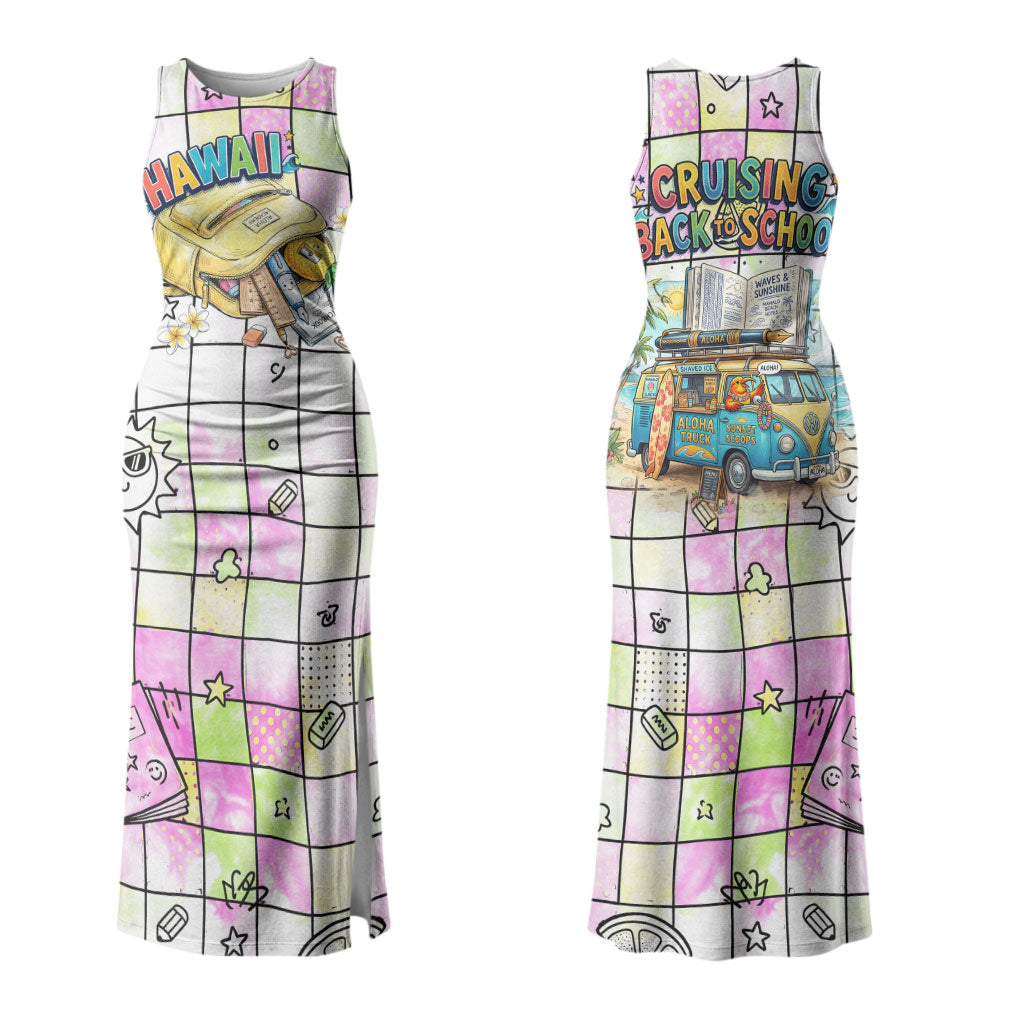 Hawaii Cruising Back To School Couples Matching Tank Maxi Dress and Hawaiian Shirt Grid Pattern With School Bag And Vintage Surf Van TS04 - Polynesian Pride
