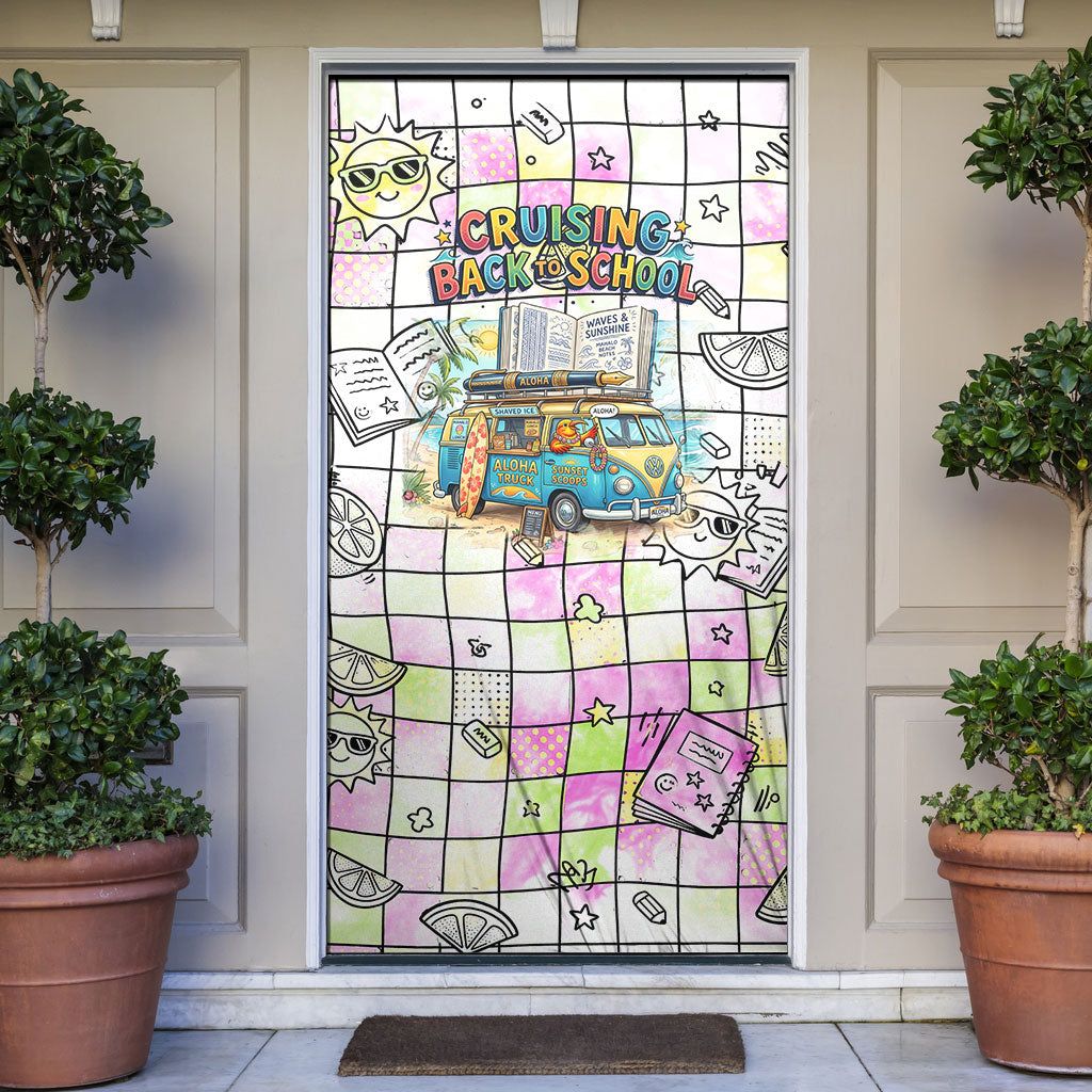 Hawaii Cruising Back To School Door Cover Grid Pattern With School Bag And Vintage Surf Van TS04 White Yellow - Polynesian Pride