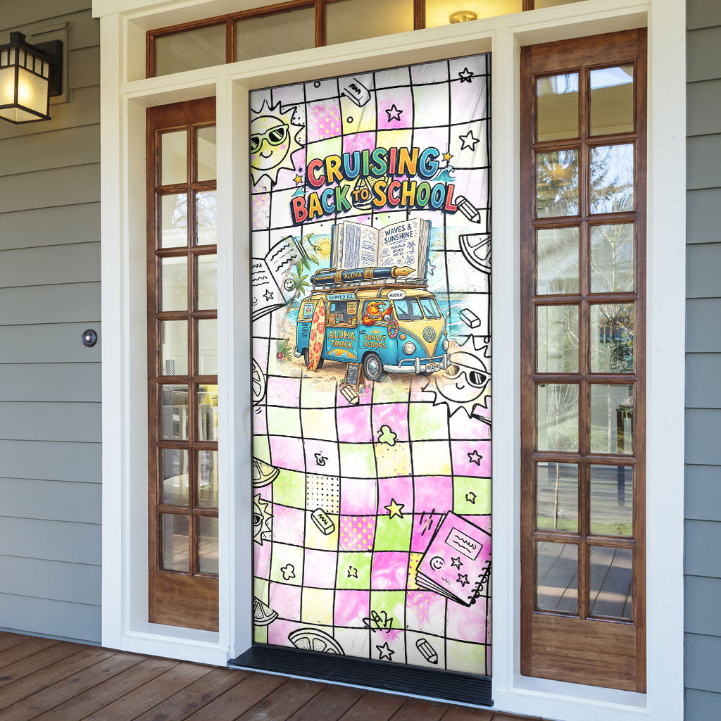 Hawaii Cruising Back To School Door Cover Grid Pattern With School Bag And Vintage Surf Van TS04 - Polynesian Pride