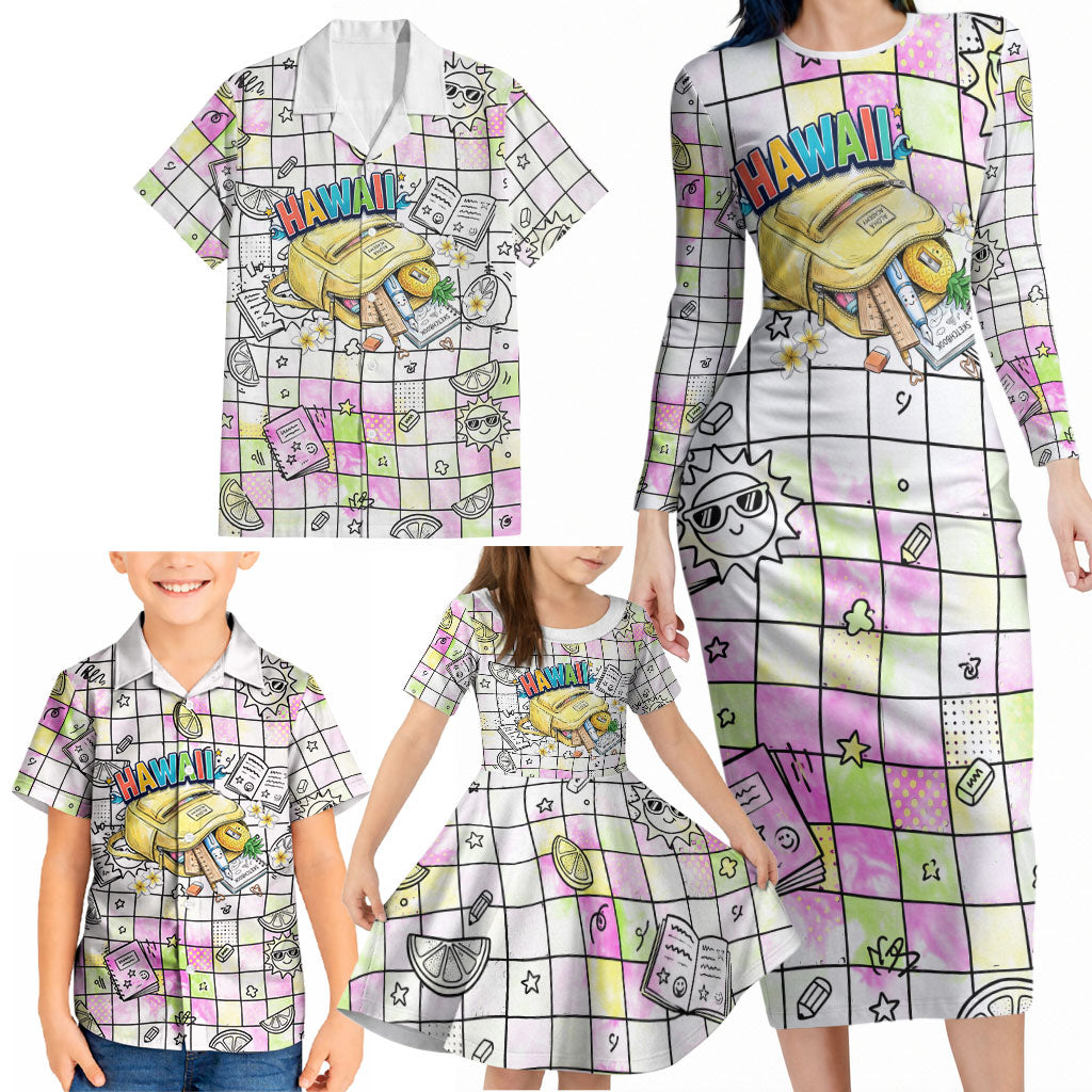 Hawaii Cruising Back To School Family Matching Long Sleeve Bodycon Dress and Hawaiian Shirt Grid Pattern With School Bag And Vintage Surf Van TS04 - Polynesian Pride