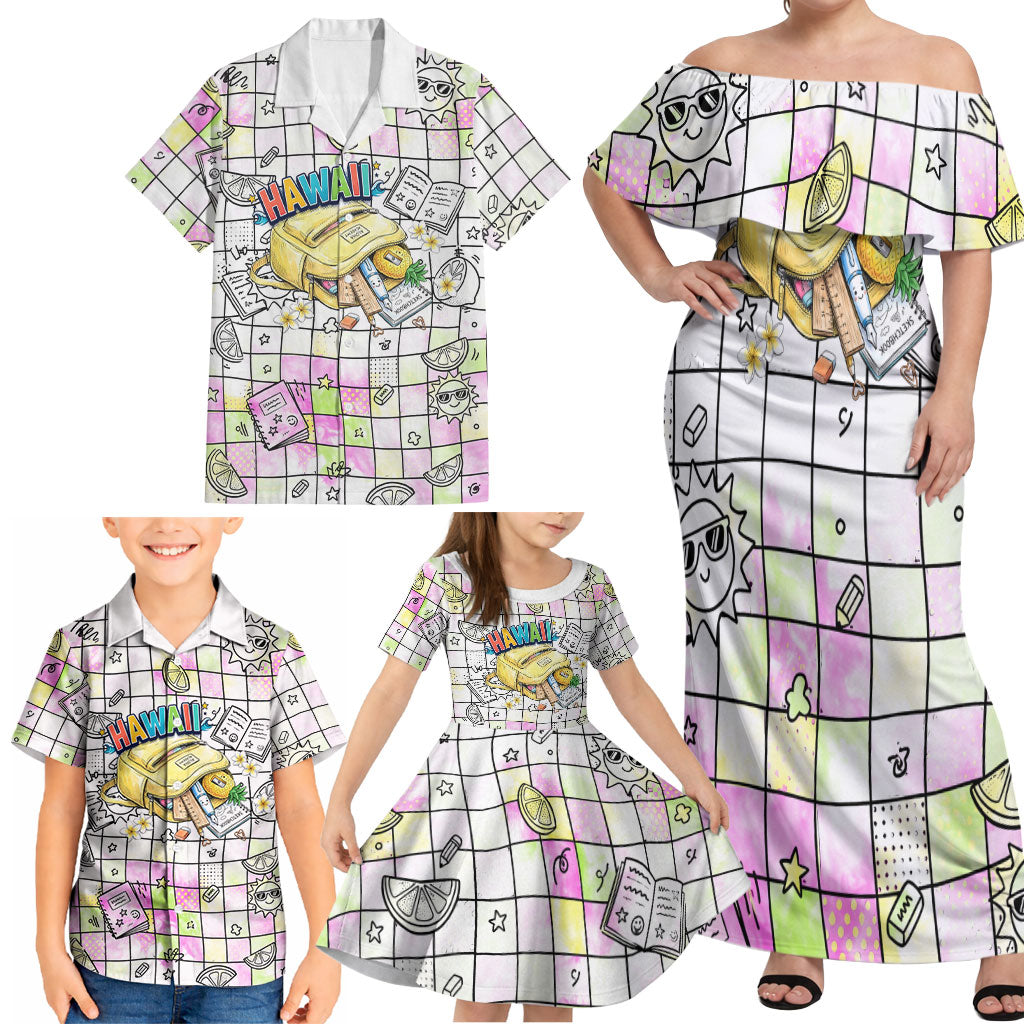 Hawaii Cruising Back To School Family Matching Off Shoulder Maxi Dress and Hawaiian Shirt Grid Pattern With School Bag And Vintage Surf Van TS04 - Polynesian Pride