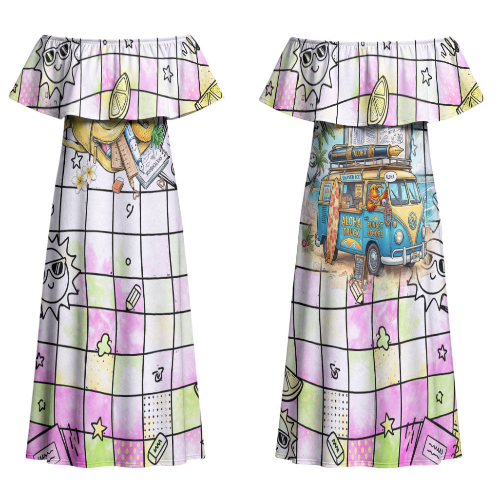 Hawaii Cruising Back To School Family Matching Off Shoulder Maxi Dress and Hawaiian Shirt Grid Pattern With School Bag And Vintage Surf Van TS04 Mom's Dress White Yellow - Polynesian Pride
