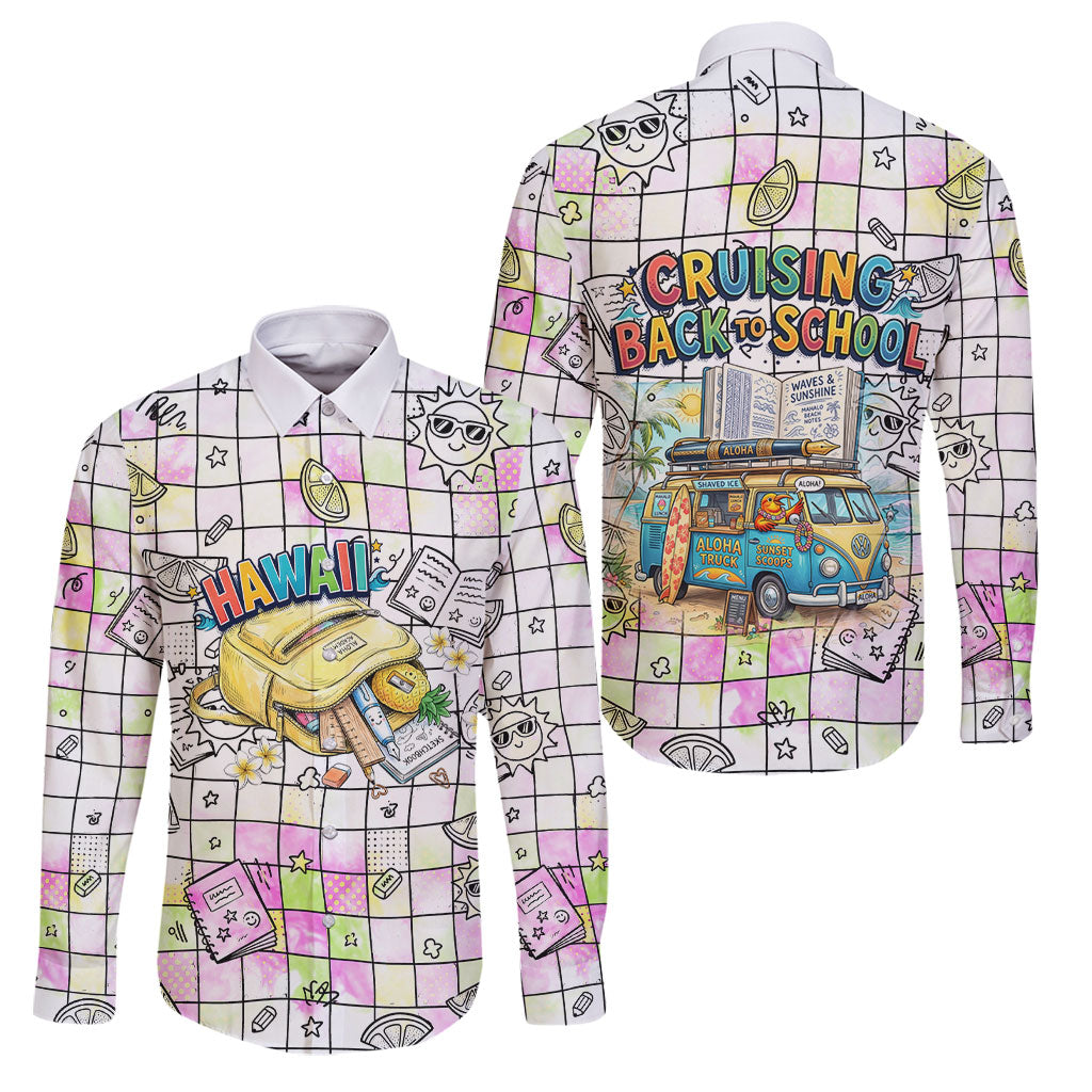 Hawaii Cruising Back To School Family Matching Off Shoulder Short Dress and Hawaiian Shirt Grid Pattern With School Bag And Vintage Surf Van TS04 Dad's Shirt - Long Sleeve White Yellow - Polynesian Pride