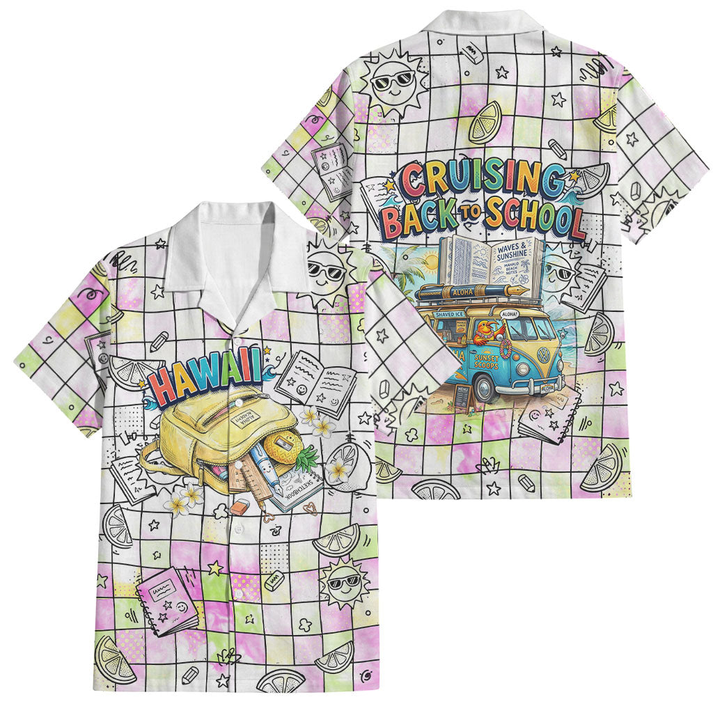Hawaii Cruising Back To School Family Matching Puletasi and Hawaiian Shirt Grid Pattern With School Bag And Vintage Surf Van TS04 Dad's Shirt - Short Sleeve White Yellow - Polynesian Pride