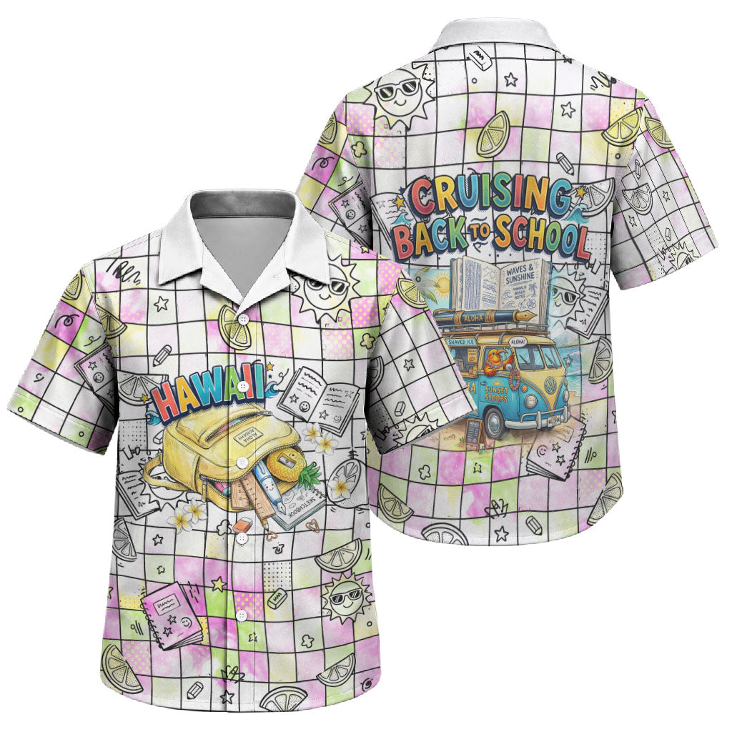 Hawaii Cruising Back To School Family Matching Short Sleeve Bodycon Dress and Hawaiian Shirt Grid Pattern With School Bag And Vintage Surf Van TS04 Son's Shirt White Yellow - Polynesian Pride