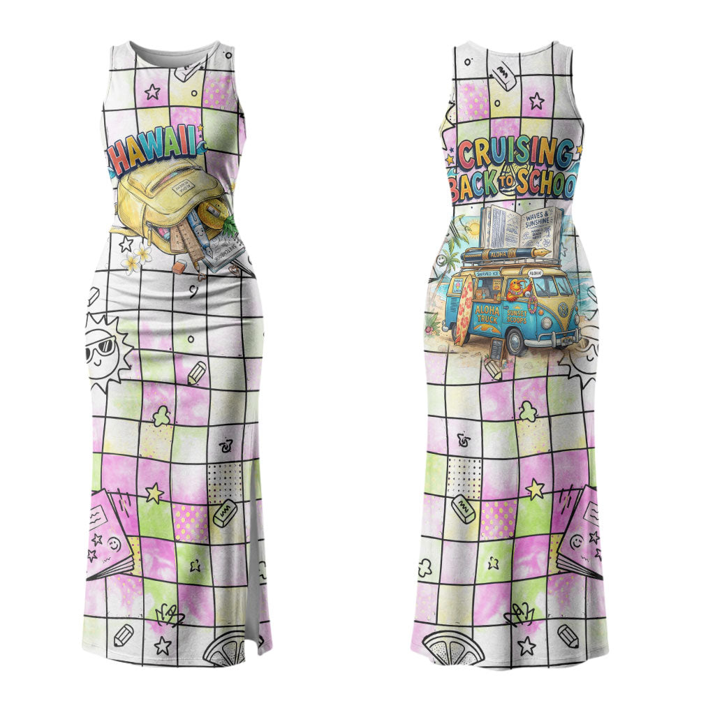 Hawaii Cruising Back To School Family Matching Tank Maxi Dress and Hawaiian Shirt Grid Pattern With School Bag And Vintage Surf Van TS04 Mom's Dress White Yellow - Polynesian Pride