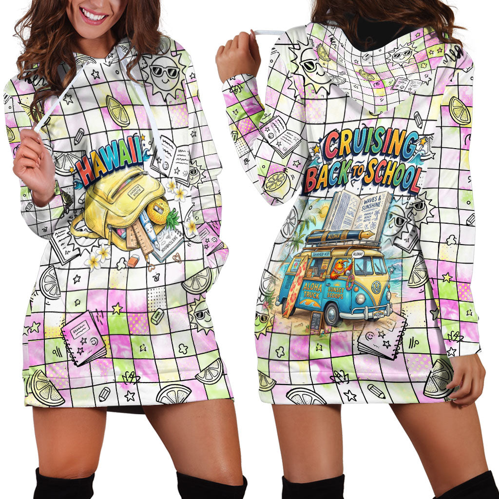 Hawaii Cruising Back To School Hoodie Dress Grid Pattern With School Bag And Vintage Surf Van TS04 - Polynesian Pride