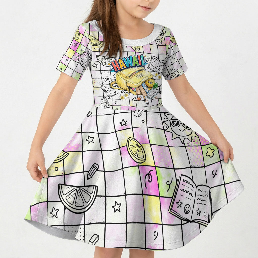 Hawaii Cruising Back To School Kid Short Sleeve Dress Grid Pattern With School Bag And Vintage Surf Van