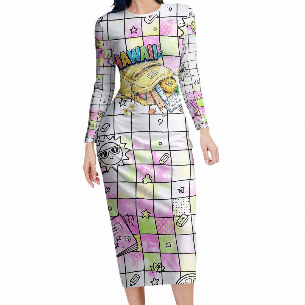 Hawaii Cruising Back To School Long Sleeve Bodycon Dress Grid Pattern With School Bag And Vintage Surf Van